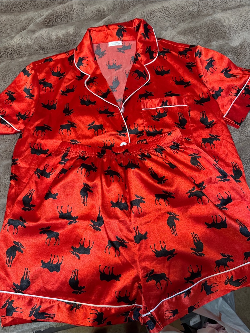 Red Satin Two-Piece Pajama Set with Black Moose Print